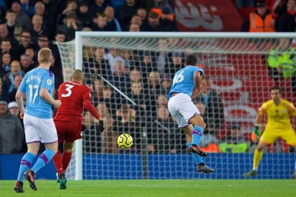 LIVERPOOL, ENGLAND - Sunday, November 10, 2019: Liverpool's Fabio Henrique Tavares 'Fabinho' scores the first goal during the FA Premier League match between Liverpool FC and Manchester City FC at Anfield. (Pic by David Rawcliffe/Propaganda)