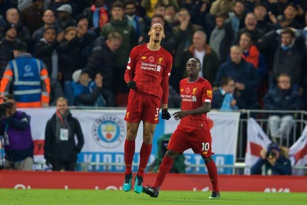 LIVERPOOL, ENGLAND - Sunday, November 10, 2019: Liverpool's Fabio Henrique Tavares 'Fabinho' celebrates scoring the first goal during the FA Premier League match between Liverpool FC and Manchester City FC at Anfield. (Pic by David Rawcliffe/Propaganda)