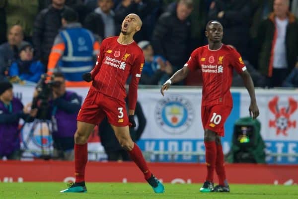 LIVERPOOL, ENGLAND - Sunday, November 10, 2019: Liverpool's Fabio Henrique Tavares 'Fabinho' celebrates scoring the first goal during the FA Premier League match between Liverpool FC and Manchester City FC at Anfield. (Pic by David Rawcliffe/Propaganda)