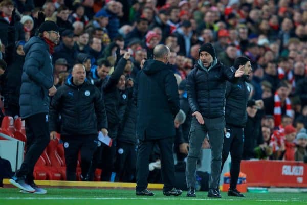 LIVERPOOL, ENGLAND - Sunday, November 10, 2019: Manchester City's head coach Pep Guardiola complains after Liverpool's opening goal during the FA Premier League match between Liverpool FC and Manchester City FC at Anfield. (Pic by David Rawcliffe/Propaganda)