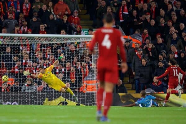 LIVERPOOL, ENGLAND - Sunday, November 10, 2019: Liverpool's Mohamed Salah scores the second goal during the FA Premier League match between Liverpool FC and Manchester City FC at Anfield. (Pic by David Rawcliffe/Propaganda)