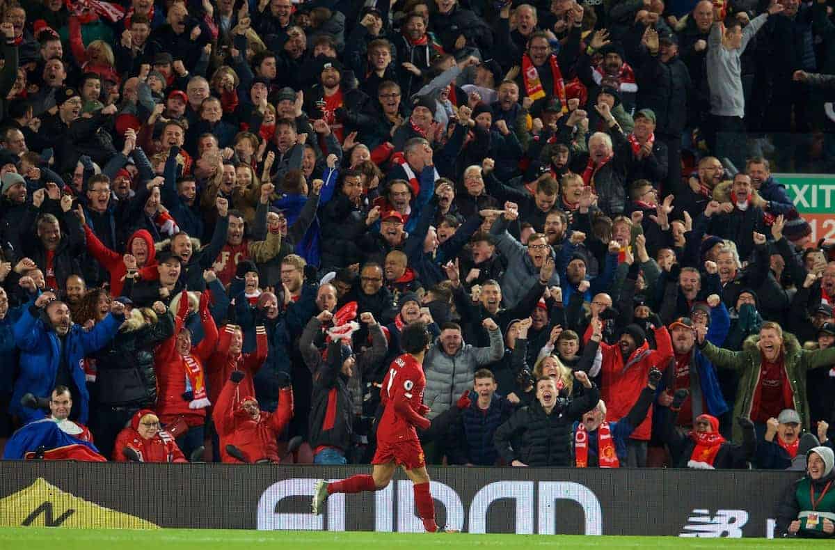 LIVERPOOL, ENGLAND - Sunday, November 10, 2019: Liverpool's Mohamed Salah celebrates scoring the second goal during the FA Premier League match between Liverpool FC and Manchester City FC at Anfield. (Pic by David Rawcliffe/Propaganda)