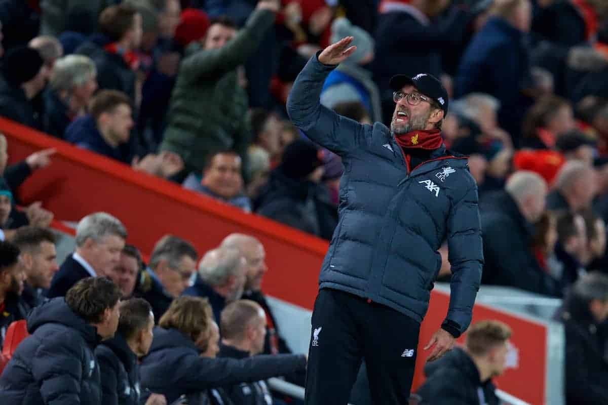 LIVERPOOL, ENGLAND - Sunday, November 10, 2019: Liverpool's manager Jürgen Klopp reacts during the FA Premier League match between Liverpool FC and Manchester City FC at Anfield. (Pic by David Rawcliffe/Propaganda)