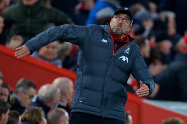 LIVERPOOL, ENGLAND - Sunday, November 10, 2019: Liverpool's manager Jürgen Klopp reacts during the FA Premier League match between Liverpool FC and Manchester City FC at Anfield. (Pic by David Rawcliffe/Propaganda)