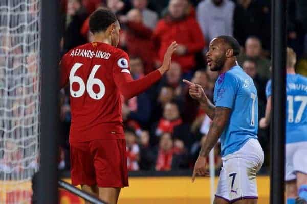 LIVERPOOL, ENGLAND - Sunday, November 10, 2019: Manchester City's Raheem Sterling points after hitting out at Liverpool's Trent Alexander-Arnold during the FA Premier League match between Liverpool FC and Manchester City FC at Anfield. (Pic by David Rawcliffe/Propaganda)