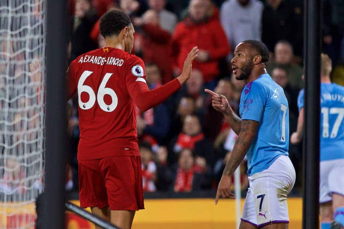 LIVERPOOL, ENGLAND - Sunday, November 10, 2019: Manchester City's Raheem Sterling points after hitting out at Liverpool's Trent Alexander-Arnold during the FA Premier League match between Liverpool FC and Manchester City FC at Anfield. (Pic by David Rawcliffe/Propaganda)