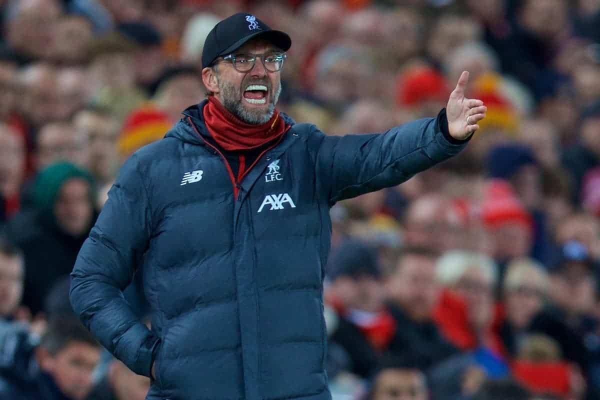 LIVERPOOL, ENGLAND - Sunday, November 10, 2019: Liverpool's manager Jürgen Klopp reacts during the FA Premier League match between Liverpool FC and Manchester City FC at Anfield. (Pic by David Rawcliffe/Propaganda)