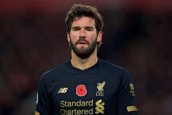 LIVERPOOL, ENGLAND - Sunday, November 10, 2019: Liverpool's goalkeeper Alisson Becker during the FA Premier League match between Liverpool FC and Manchester City FC at Anfield. (Pic by David Rawcliffe/Propaganda)