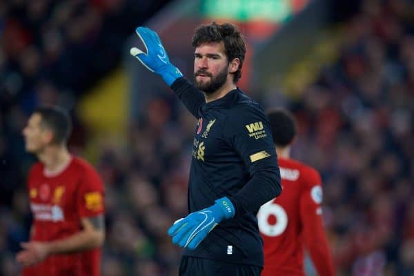 LIVERPOOL, ENGLAND - Sunday, November 10, 2019: Liverpool's goalkeeper Alisson Becker during the FA Premier League match between Liverpool FC and Manchester City FC at Anfield. (Pic by David Rawcliffe/Propaganda)