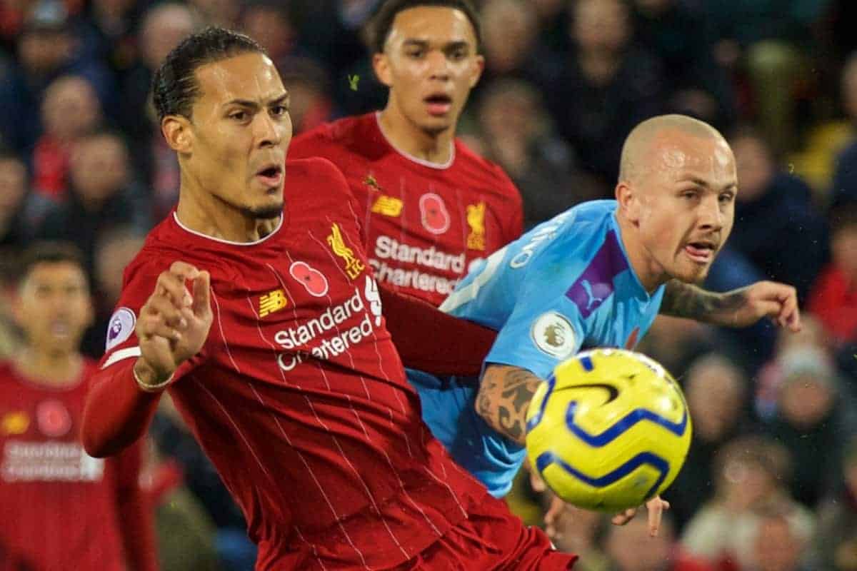 LIVERPOOL, ENGLAND - Sunday, November 10, 2019: Liverpool's Virgil van Dijk l;' and Manchester City's José Ángel Esmorís Tasende 'Angeliño' during the FA Premier League match between Liverpool FC and Manchester City FC at Anfield. (Pic by David Rawcliffe/Propaganda)