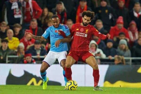 LIVERPOOL, ENGLAND - Sunday, November 10, 2019: Liverpool's Mohamed Salah (R) and Manchester City's Raheem Sterling during the FA Premier League match between Liverpool FC and Manchester City FC at Anfield. (Pic by David Rawcliffe/Propaganda)