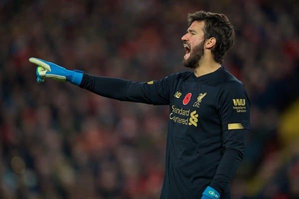 LIVERPOOL, ENGLAND - Sunday, November 10, 2019: Liverpool's goalkeeper Alisson Becker during the FA Premier League match between Liverpool FC and Manchester City FC at Anfield. (Pic by David Rawcliffe/Propaganda)