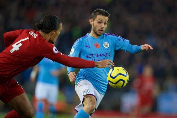 LIVERPOOL, ENGLAND - Sunday, November 10, 2019: Manchester City's Bernardo Silva (R) and Liverpool's Virgil van Dijk during the FA Premier League match between Liverpool FC and Manchester City FC at Anfield. (Pic by David Rawcliffe/Propaganda)