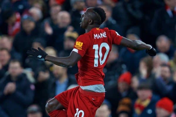 LIVERPOOL, ENGLAND - Sunday, November 10, 2019: Liverpool's Sadio Mané celebrates scoring the third goal during the FA Premier League match between Liverpool FC and Manchester City FC at Anfield. (Pic by David Rawcliffe/Propaganda)