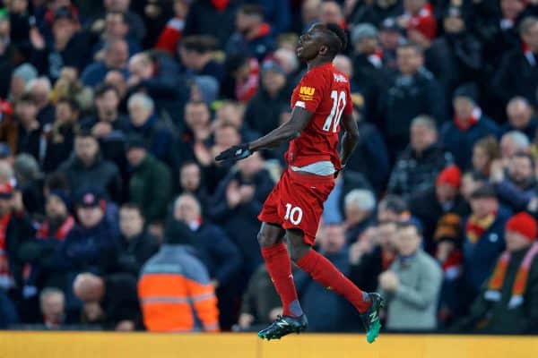 LIVERPOOL, ENGLAND - Sunday, November 10, 2019: Liverpool's Sadio Mané celebrates scoring the third goal during the FA Premier League match between Liverpool FC and Manchester City FC at Anfield. (Pic by David Rawcliffe/Propaganda)