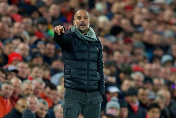 LIVERPOOL, ENGLAND - Sunday, November 10, 2019: Manchester City's head coach Pep Guardiola reacts during the FA Premier League match between Liverpool FC and Manchester City FC at Anfield. (Pic by David Rawcliffe/Propaganda)