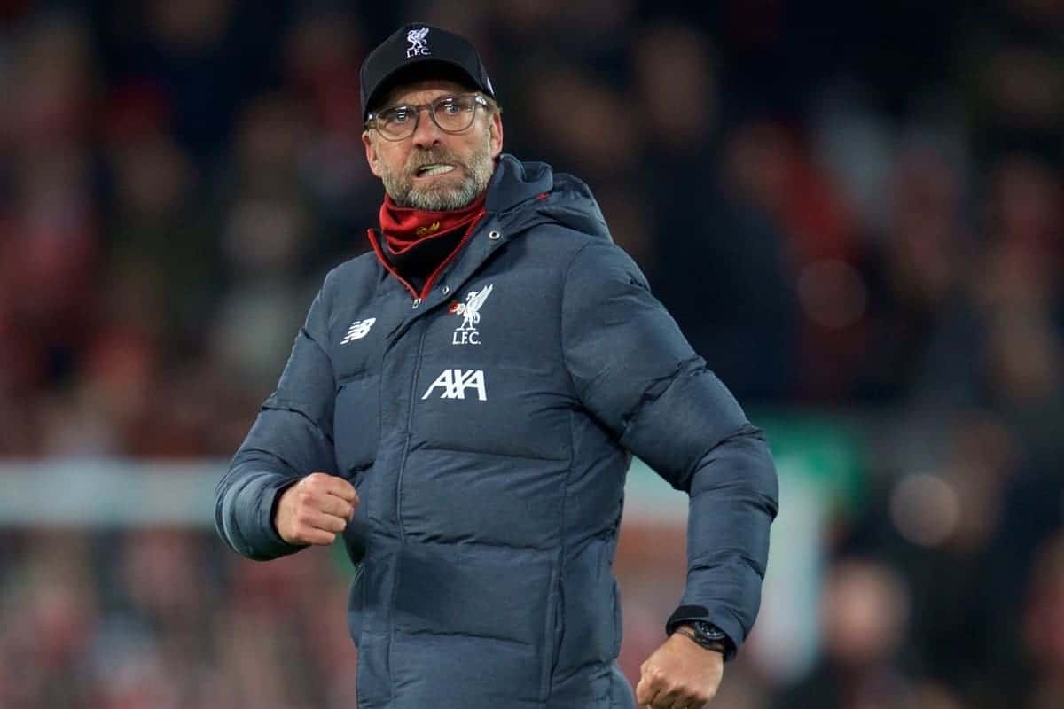 LIVERPOOL, ENGLAND - Sunday, November 10, 2019: Liverpool's manager Jürgen Klopp celebrates after during the FA Premier League match between Liverpool FC and Manchester City FC at Anfield. Liverpool won 3-1. (Pic by David Rawcliffe/Propaganda)