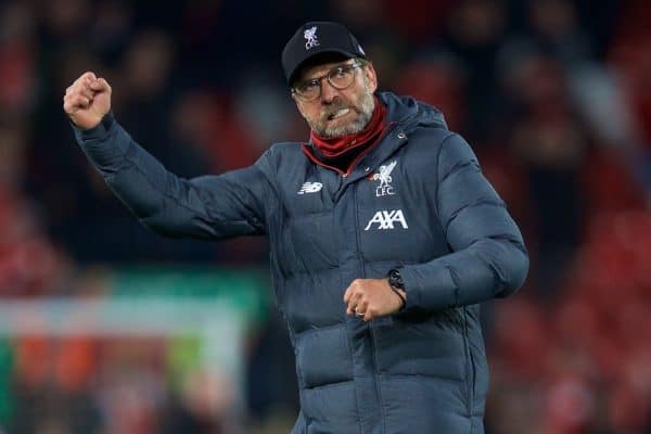 LIVERPOOL, ENGLAND - Sunday, November 10, 2019: Liverpool's manager Jürgen Klopp celebrates after during the FA Premier League match between Liverpool FC and Manchester City FC at Anfield. Liverpool won 3-1. (Pic by David Rawcliffe/Propaganda)