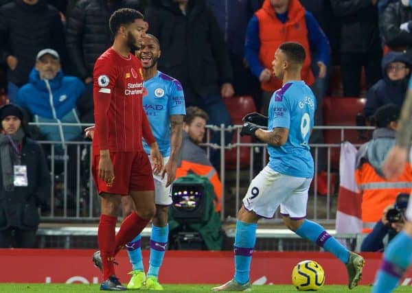 LIVERPOOL, ENGLAND - Sunday, November 10, 2019: Manchester City's Raheem Sterling (C) and Gabriel Jesus (R) clash with Liverpool's Joe Gomez during the FA Premier League match between Liverpool FC and Manchester City FC at Anfield. (Pic by David Rawcliffe/Propaganda)