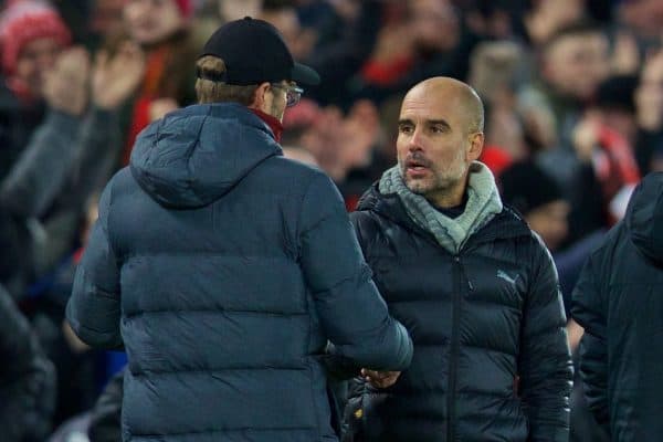 LIVERPOOL, ENGLAND - Sunday, November 10, 2019: Manchester City's head coach Pep Guardiola (R) shakes hands with Liverpool's manager Jürgen Klopp after the FA Premier League match between Liverpool FC and Manchester City FC at Anfield. Liverpool won 3-1. (Pic by David Rawcliffe/Propaganda)