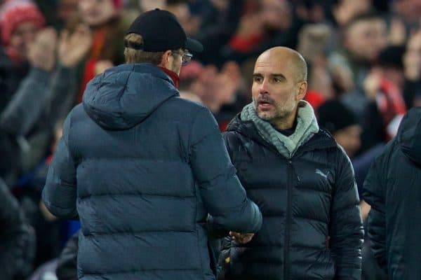 LIVERPOOL, ENGLAND - Sunday, November 10, 2019: Manchester City's head coach Pep Guardiola (R) shakes hands with Liverpool's manager Jürgen Klopp after the FA Premier League match between Liverpool FC and Manchester City FC at Anfield. Liverpool won 3-1. (Pic by David Rawcliffe/Propaganda)