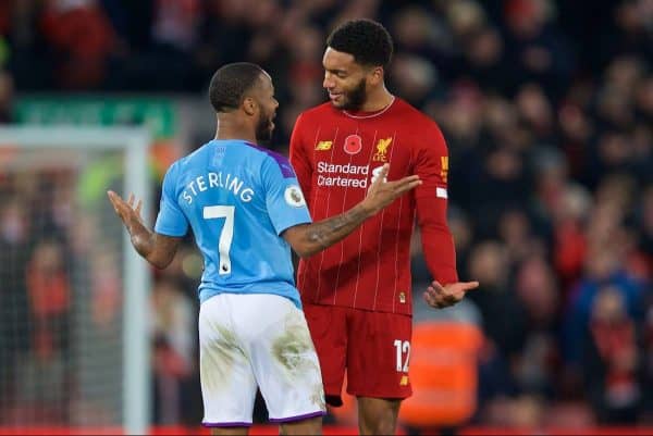 LIVERPOOL, ENGLAND - Sunday, November 10, 2019: Manchester City's Raheem Sterling (L) and Liverpool's Joe Gomez at the final whistle after the FA Premier League match between Liverpool FC and Manchester City FC at Anfield. Liverpool won 3-1. (Pic by David Rawcliffe/Propaganda)