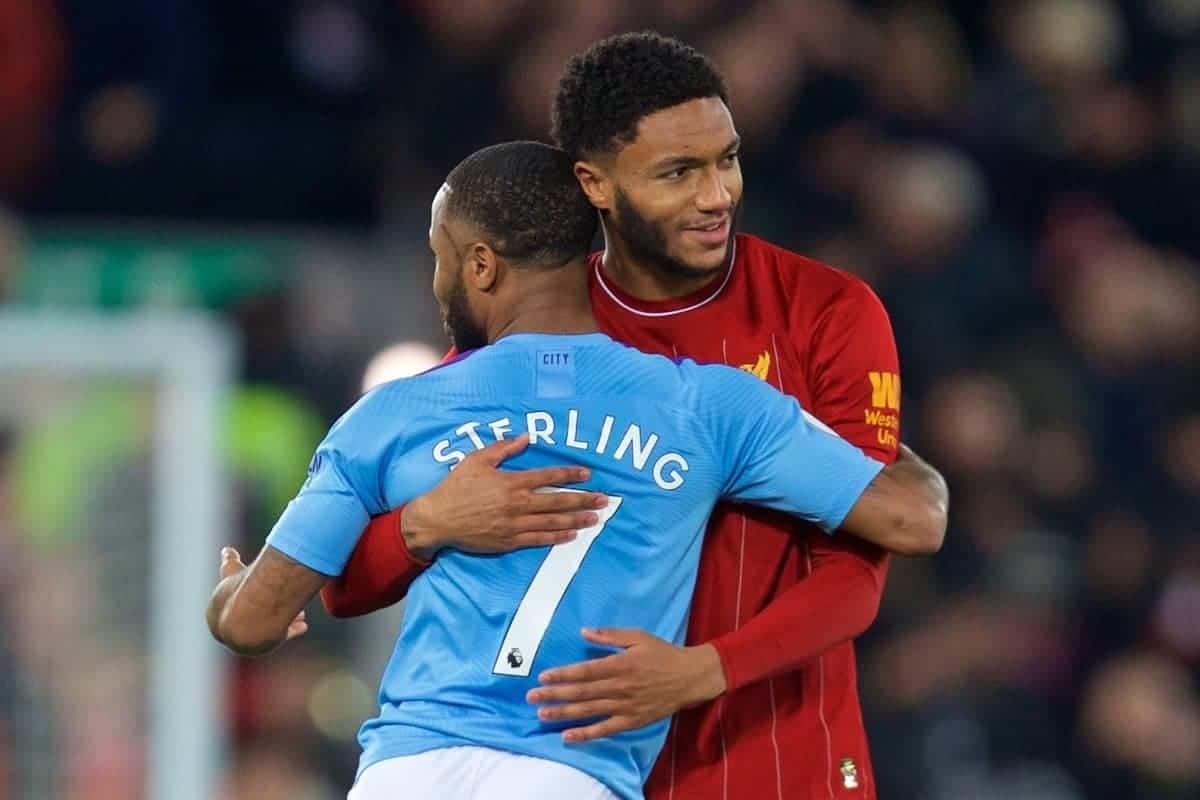 LIVERPOOL, ENGLAND - Sunday, November 10, 2019: Manchester City's Raheem Sterling (L) and Liverpool's Joe Gomez at the final whistle after the FA Premier League match between Liverpool FC and Manchester City FC at Anfield. Liverpool won 3-1. (Pic by David Rawcliffe/Propaganda)