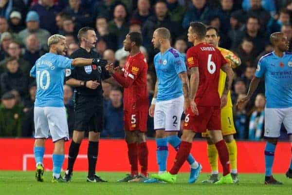 LIVERPOOL, ENGLAND - Sunday, November 10, 2019: Manchester City's Sergio Agüero complains to referee Michael Oliver after Liverpool's opening goal during the FA Premier League match between Liverpool FC and Manchester City FC at Anfield. Liverpool won 3-1. (Pic by David Rawcliffe/Propaganda)