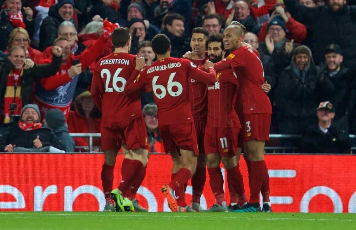 LIVERPOOL, ENGLAND - Sunday, November 10, 2019: Liverpool's Mohamed Salah (#11) celebrates scoring the first goal with team-mates during the FA Premier League match between Liverpool FC and Manchester City FC at Anfield. Liverpool won 3-1. (Pic by David Rawcliffe/Propaganda)