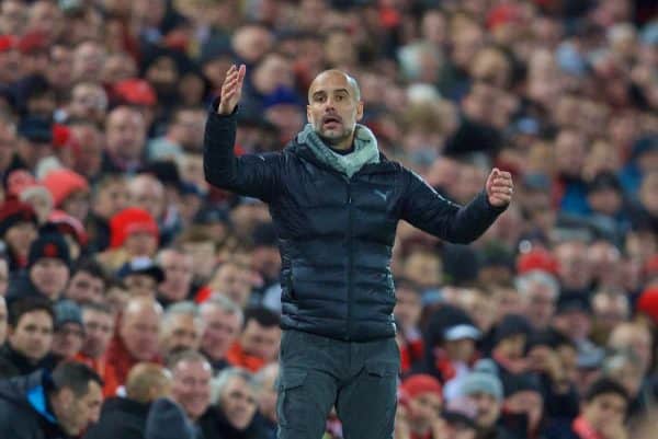 LIVERPOOL, ENGLAND - Sunday, November 10, 2019: Manchester City's head coach Pep Guardiola reacts during the FA Premier League match between Liverpool FC and Manchester City FC at Anfield. (Pic by David Rawcliffe/Propaganda)