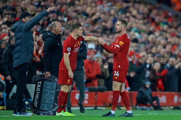 LIVERPOOL, ENGLAND - Sunday, November 10, 2019: Liverpool's captain Jordan Henderson hands over the captain's armband to James Milner as he is substituted during the FA Premier League match between Liverpool FC and Manchester City FC at Anfield. (Pic by David Rawcliffe/Propaganda)