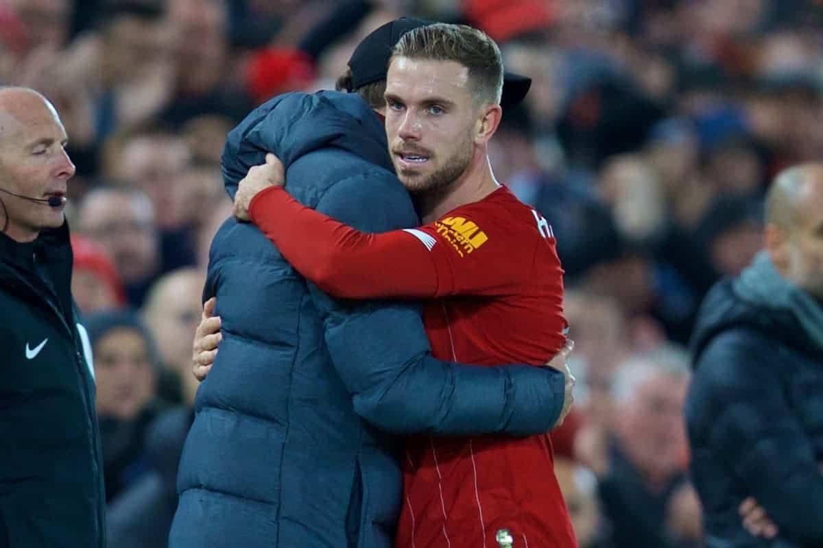 LIVERPOOL, ENGLAND - Sunday, November 10, 2019: Liverpool's captain Jordan Henderson embraces manager Jürgen Klopp as he is substituted during the FA Premier League match between Liverpool FC and Manchester City FC at Anfield. (Pic by David Rawcliffe/Propaganda)