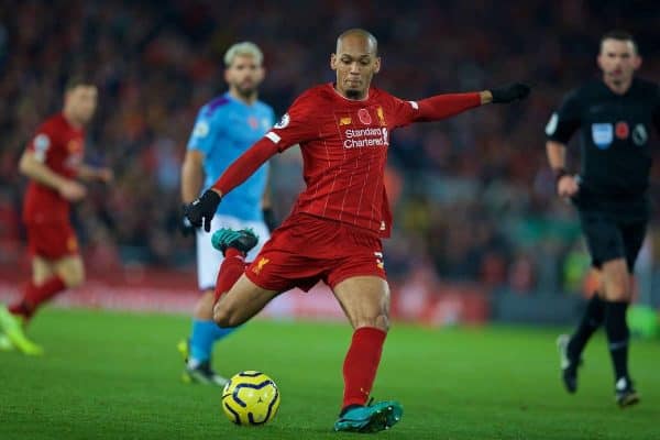 LIVERPOOL, ENGLAND - Sunday, November 10, 2019: Liverpool's Fabio Henrique Tavares 'Fabinho' shoots during the FA Premier League match between Liverpool FC and Manchester City FC at Anfield. (Pic by David Rawcliffe/Propaganda)