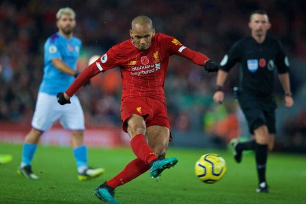 LIVERPOOL, ENGLAND - Sunday, November 10, 2019: Liverpool's Fabio Henrique Tavares 'Fabinho' shoots during the FA Premier League match between Liverpool FC and Manchester City FC at Anfield. (Pic by David Rawcliffe/Propaganda)