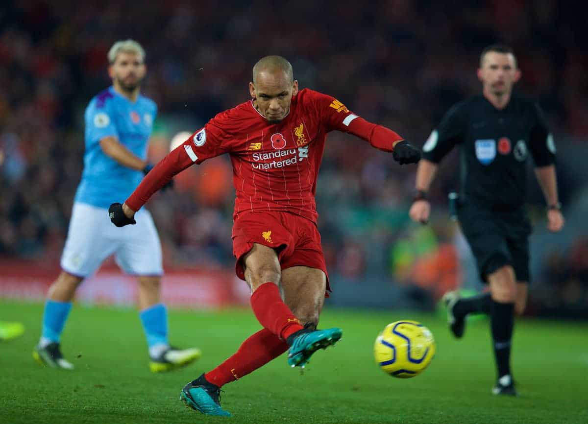 LIVERPOOL, ENGLAND - Sunday, November 10, 2019: Liverpool's Fabio Henrique Tavares 'Fabinho' shoots during the FA Premier League match between Liverpool FC and Manchester City FC at Anfield. (Pic by David Rawcliffe/Propaganda)