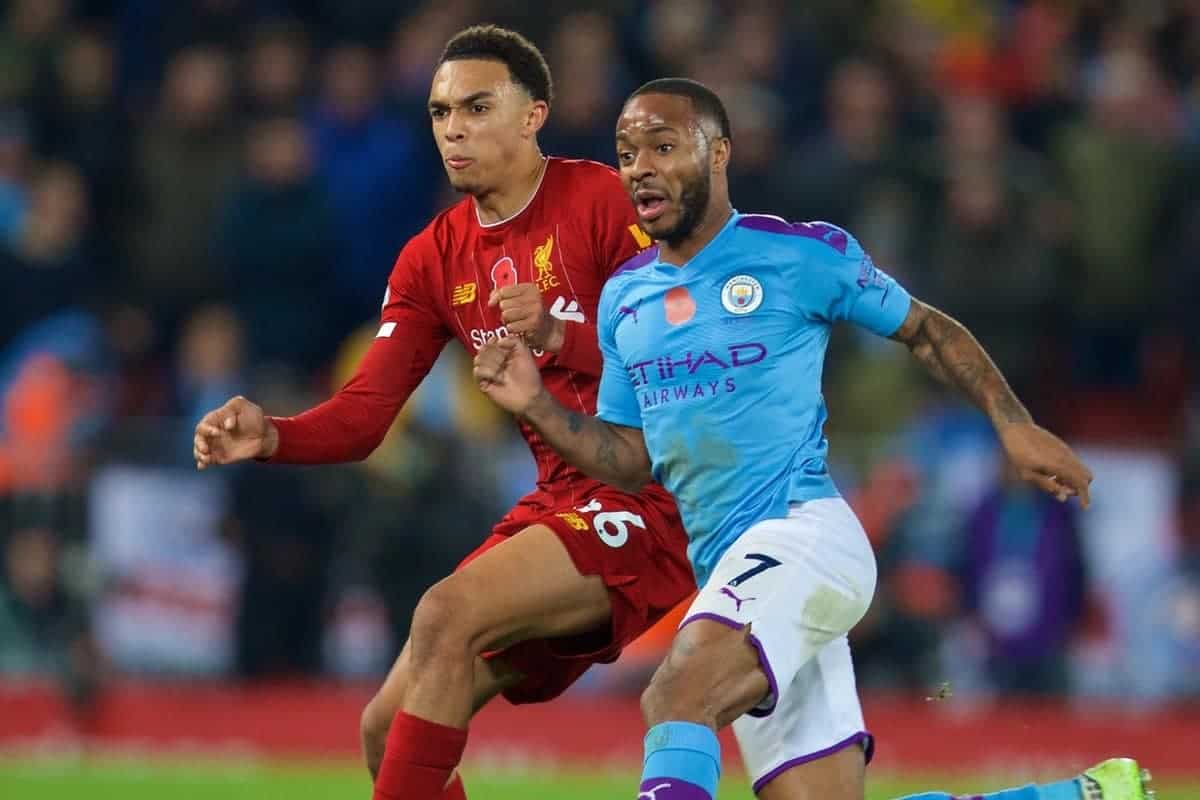 LIVERPOOL, ENGLAND - Sunday, November 10, 2019: Liverpool's Trent Alexander-Arnold (L) and Manchester City's Raheem Sterling during the FA Premier League match between Liverpool FC and Manchester City FC at Anfield. (Pic by David Rawcliffe/Propaganda)