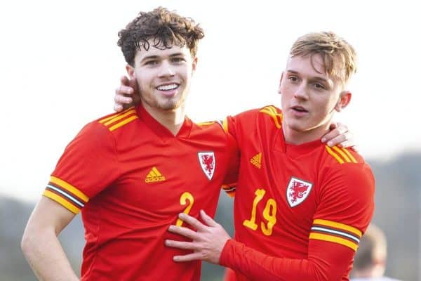 CARDIFF, WALES - Saturday, November 16, 2019: Walesí Neco Williams (left) celebrates scoring his side's second goal from the penalty spot with Isaak Davies during the UEFA Under-19 Championship Qualifying Group 5 match between Russia and Wales at the Cardiff International Sports Stadium. (Pic by Mark Hawkins/Propaganda)