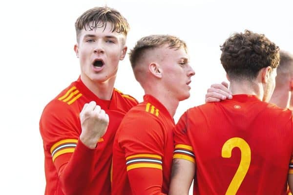 CARDIFF, WALES - Saturday, November 16, 2019: Walesí Morgan Boyes celebrates his side's second goal during the UEFA Under-19 Championship Qualifying Group 5 match between Russia and Wales at the Cardiff International Sports Stadium. (Pic by Mark Hawkins/Propaganda)