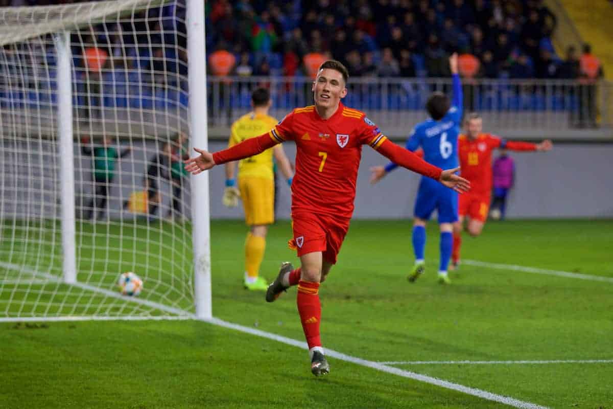 BAKU, AZERBAIJAN - Saturday, November 16, 2019: Wales' Harry Wilson celebrates scoring the second goal during the UEFA Euro 2020 Qualifying Group E match between Azerbaijan and Wales at the Bakcell Arena. (Pic by David Rawcliffe/Propaganda)