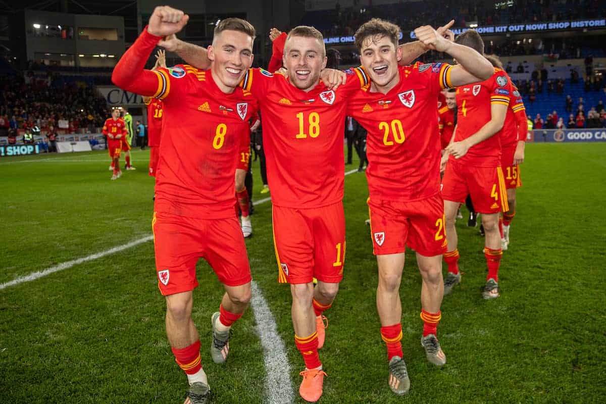 CARDIFF, WALES - Tuesday, November 19, 2019: Wales' (L-R) Harry Wilson, Joseff Morrell and Daniel James celebrate after the final UEFA Euro 2020 Qualifying Group E match between Wales and Hungary at the Cardiff City Stadium. Wales won 2-0 and qualifyied for the Finals. (Pic by David Rawcliffe/Propaganda)