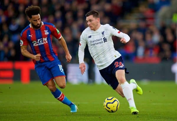 LONDON, ENGLAND - Saturday, November 23, 2019: Liverpool's Andy Robertson (R) and Crystal Palace's Andros Townsend during the FA Premier League match between Crystal Palace and Liverpool FC at Selhurst Park. (Pic by David Rawcliffe/Propaganda)