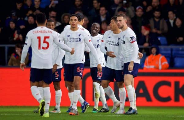 LONDON, ENGLAND - Saturday, November 23, 2019: Liverpool's Sadio Mané celebrates scoring the first goal with team-mates during the FA Premier League match between Crystal Palace and Liverpool FC at Selhurst Park. (Pic by David Rawcliffe/Propaganda)