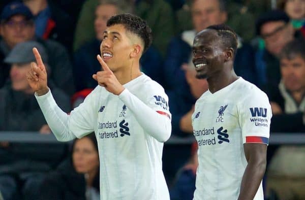 LONDON, ENGLAND - Saturday, November 23, 2019: Liverpool's Roberto Firmino (L) celebrates scoring the second goal with team-mate Sadio Mané during the FA Premier League match between Crystal Palace and Liverpool FC at Selhurst Park. (Pic by David Rawcliffe/Propaganda)