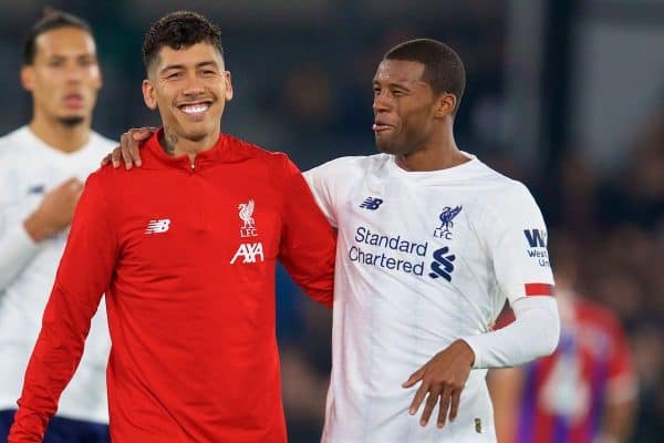 LONDON, ENGLAND - Saturday, November 23, 2019: Liverpool's Roberto Firmino (L) and Georginio Wijnaldum celebrate after the FA Premier League match between Crystal Palace and Liverpool FC at Selhurst Park. Liverpool won 2-1. (Pic by David Rawcliffe/Propaganda)