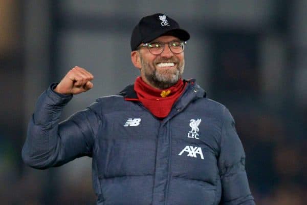 LONDON, ENGLAND - Saturday, November 23, 2019: Liverpool's manager Jürgen Klopp celebrates after the FA Premier League match between Crystal Palace and Liverpool FC at Selhurst Park. Liverpool won 2-1. (Pic by David Rawcliffe/Propaganda)