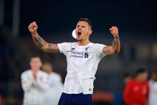 LONDON, ENGLAND - Saturday, November 23, 2019: Liverpool's Dejan Lovren celebrates after the FA Premier League match between Crystal Palace and Liverpool FC at Selhurst Park. Liverpool won 2-1. (Pic by David Rawcliffe/Propaganda)