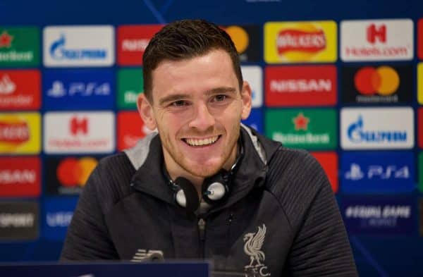 LIVERPOOL, ENGLAND - Tuesday, November 26, 2019: Liverpool's Andy Robertson during a press conference at Anfield ahead of the UEFA Champions League Group E match between Liverpool FC and SSC Napoli. (Pic by David Rawcliffe/Propaganda)