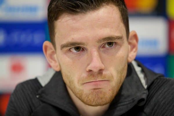 LIVERPOOL, ENGLAND - Tuesday, November 26, 2019: Liverpool's Andy Robertson during a press conference at Anfield ahead of the UEFA Champions League Group E match between Liverpool FC and SSC Napoli. (Pic by David Rawcliffe/Propaganda)