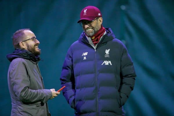 LIVERPOOL, ENGLAND - Tuesday, November 26, 2019: Liverpool's manager Jürgen Klopp and press officer Matt McCann during a training session at Melwood Training Ground ahead of the UEFA Champions League Group E match between Liverpool FC and SSC Napoli. (Pic by David Rawcliffe/Propaganda)