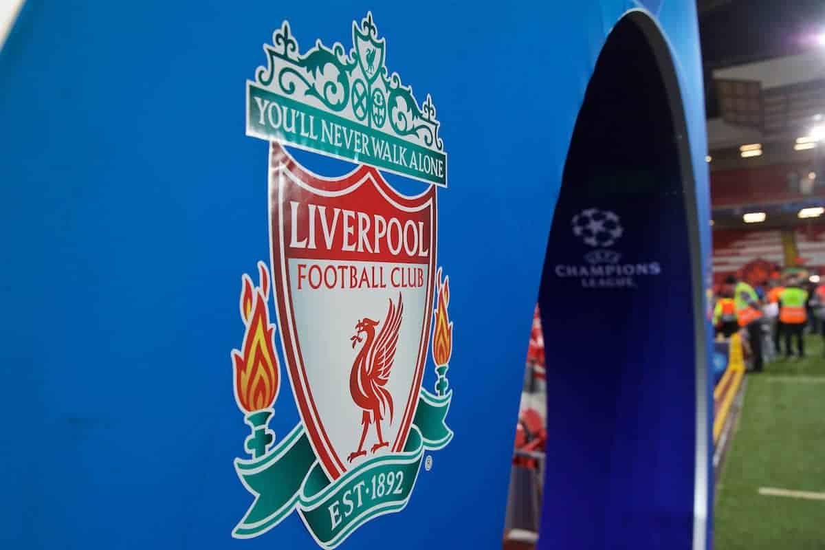 LIVERPOOL, ENGLAND - Wednesday, November 27, 2019: Liverpool crest on the Champions Arch before the UEFA Champions League Group E match between Liverpool FC and SSC Napoli at Anfield. (Pic by David Rawcliffe/Propaganda)